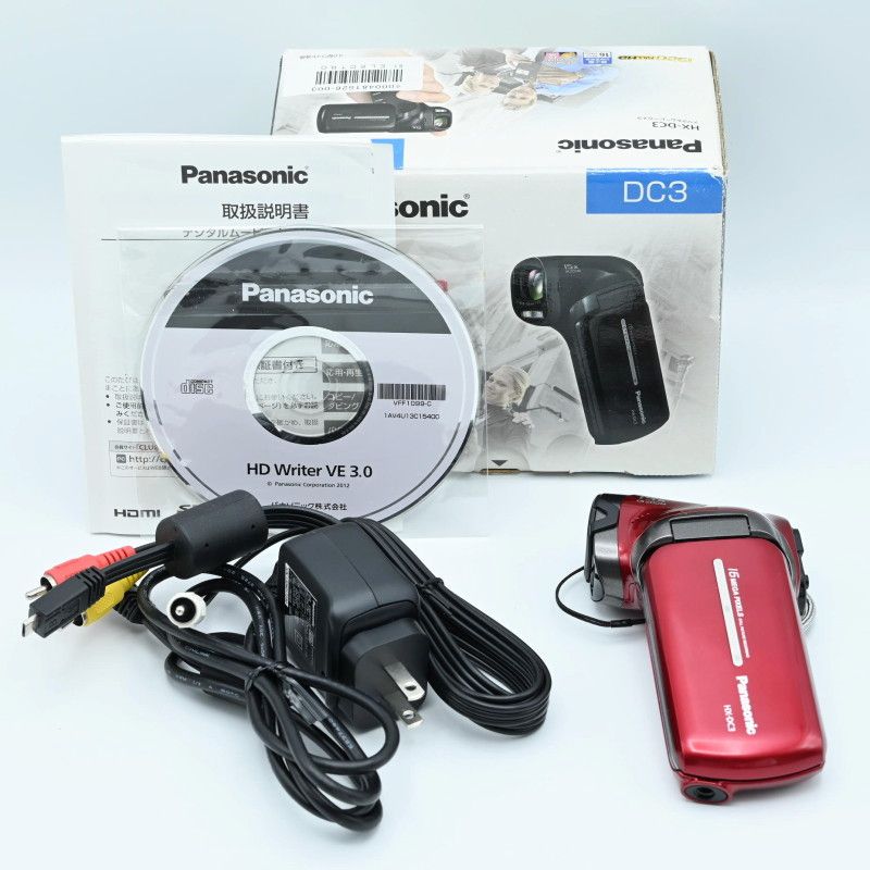 K05-t004 動作 済 Panasonic パナソニック HX-DC3 デジタルムービーカメラ レッド 充電器|説明書 等付属品完品 SDカード付き デジカメ