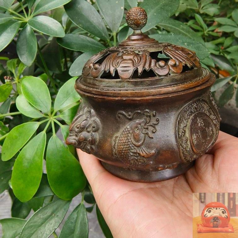 双獣頭 毎年有魚 銅製香炉 薫香炉 招財進宝 置物 装飾品 工芸品