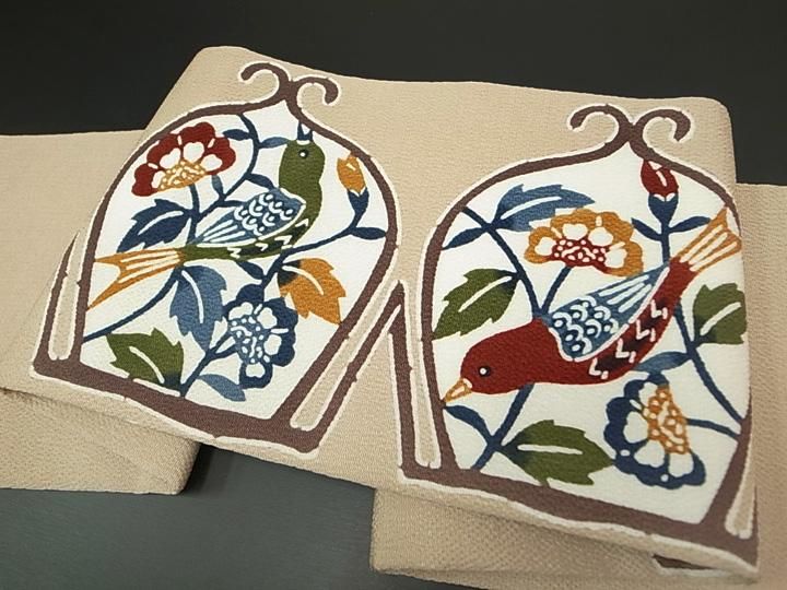 ★ 新品 栗山吉三郎さんの本大麻の象の名古屋帯 名古屋帯 栗山吉三郎 仕立て込み 本麻 夏九寸帯 和染め紅型 お太鼓柄