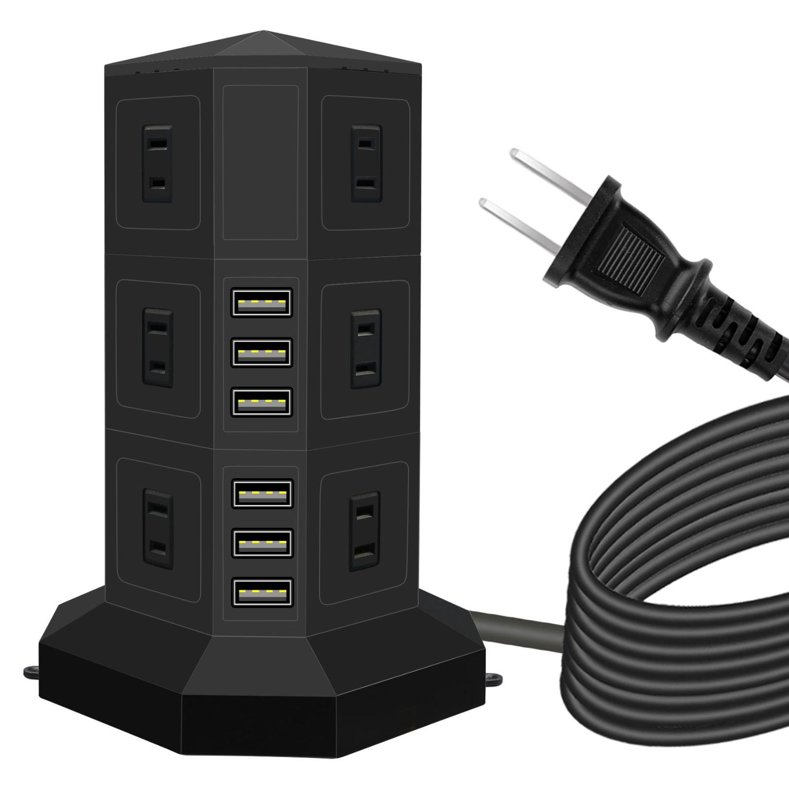 【在庫処分】12口 ３層 スイッチ付 約2m USB急速充電 会議用 黒 オフィス タワー式 縦型コンセント 電源タップ