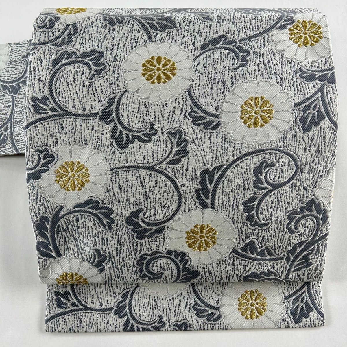 名古屋帯 秀品 菊唐草 金銀糸 灰色 正絹