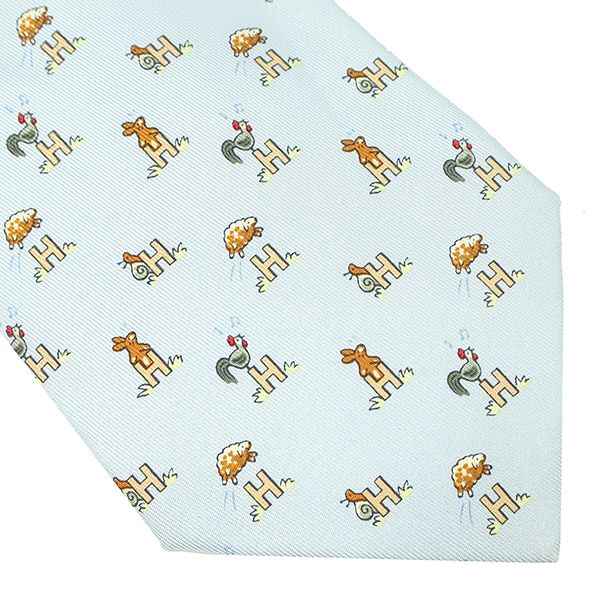 エルメス HERMES ネクタイ アニマル柄 9cm シルク ライトブルー×マルチ