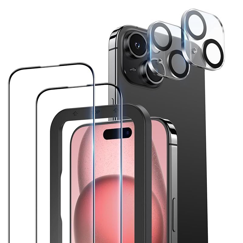 NIMASO ガラスフィルム (2枚) + カメラフィルム (2枚) iPhone15用 全面保護 強化ガラス フィルム ガイド枠付き カメラ保護 レンズカバー 硬度9H 耐衝撃 自動吸着 アイフォン15対応（6.1インチ） NFP23H7