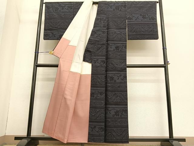 平和屋着物○本場結城玉紬 80亀甲 横段花文 結織苑扱い 証紙付き 正絹  