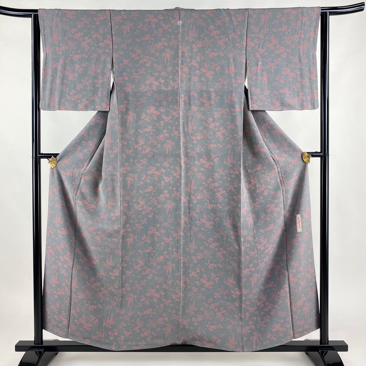 小紋 身丈156.5cm 裄丈62cm S 袷 辻村ジュサブロー 落款 草花 灰色 正絹 名品 一つ紋