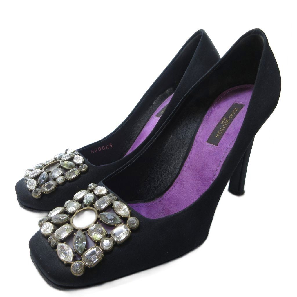 ルイヴィトン LOUIS VUITTON ビジュー スクエアトゥ パンプス ハイヒール 黒 ブラック 36 約23cm IBO81