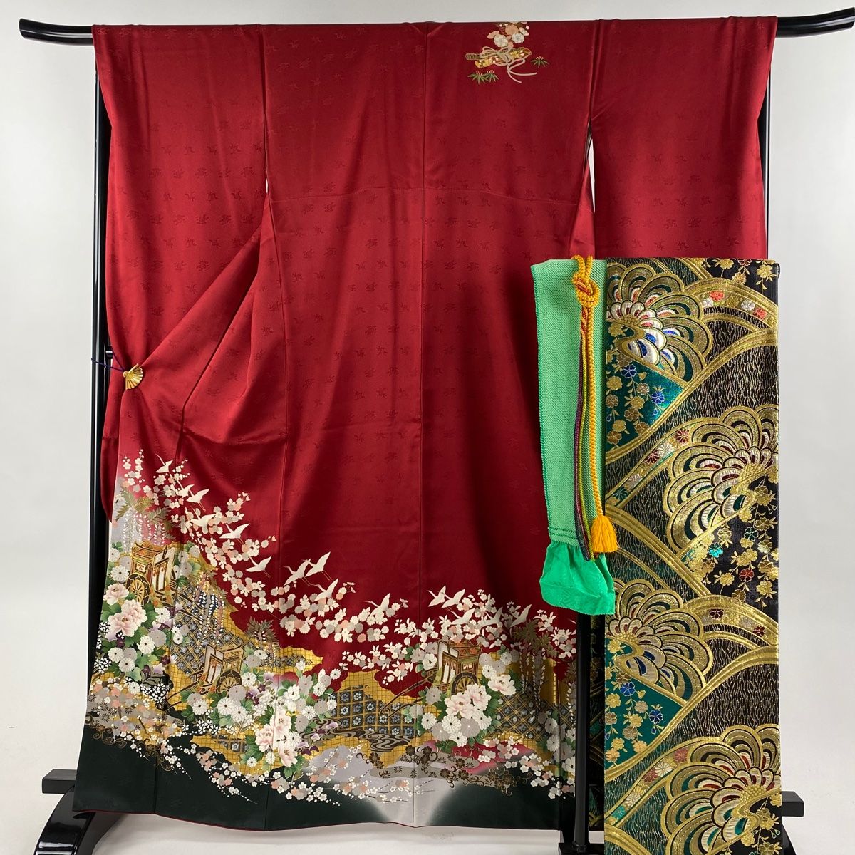 美品 色留袖 くすみ青紫 鶴 亀 金駒刺繍 金彩 銀彩 袷身丈163.0cm正絹