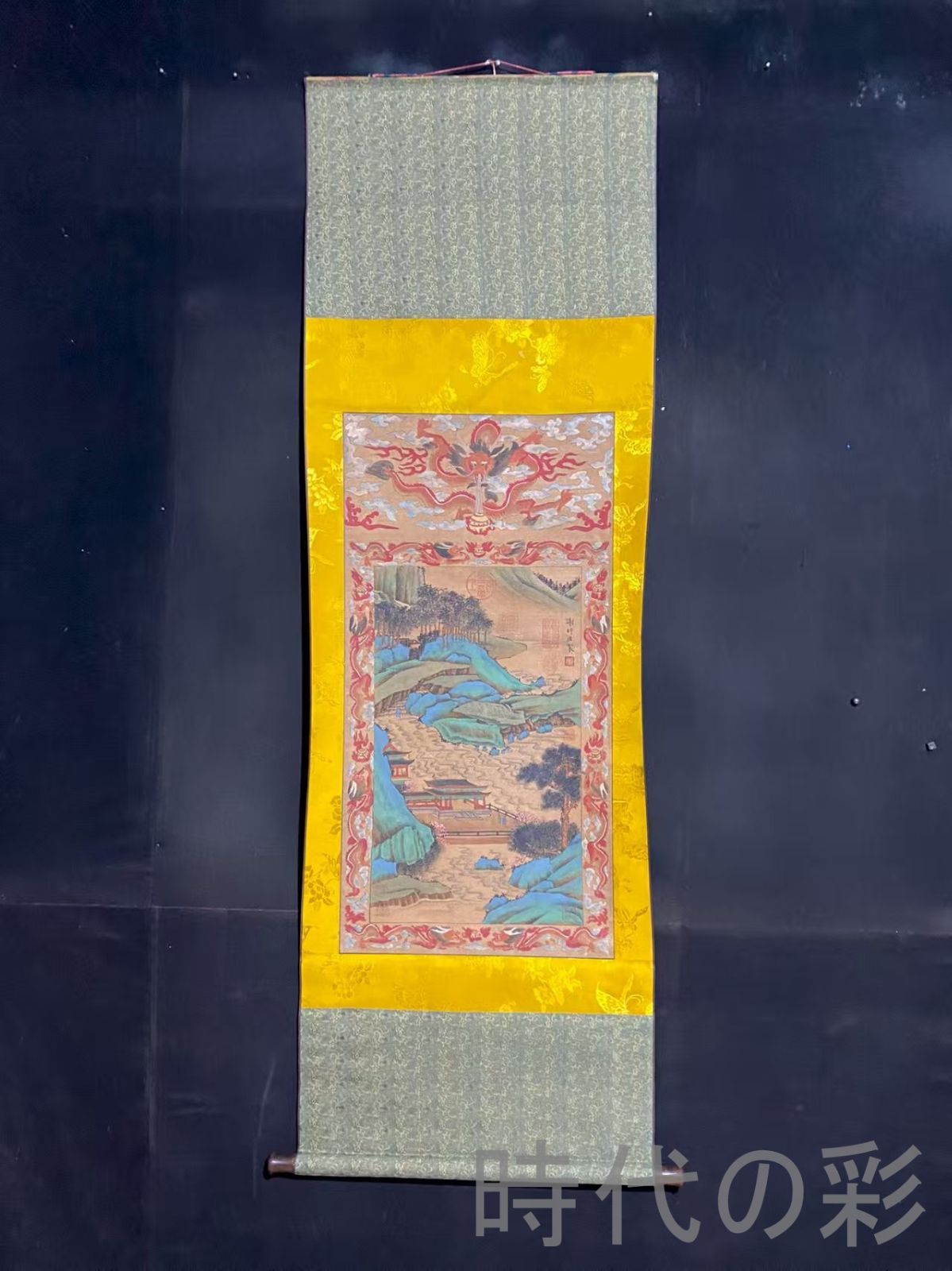 中国古美術 明代 謝時臣款 山水画 絹布 四尺中堂画 肉筆 手描き 唐物 掛け軸 水墨画 水彩画 国画 絵画 古画 書道 名家書画 古玩 R0709181823