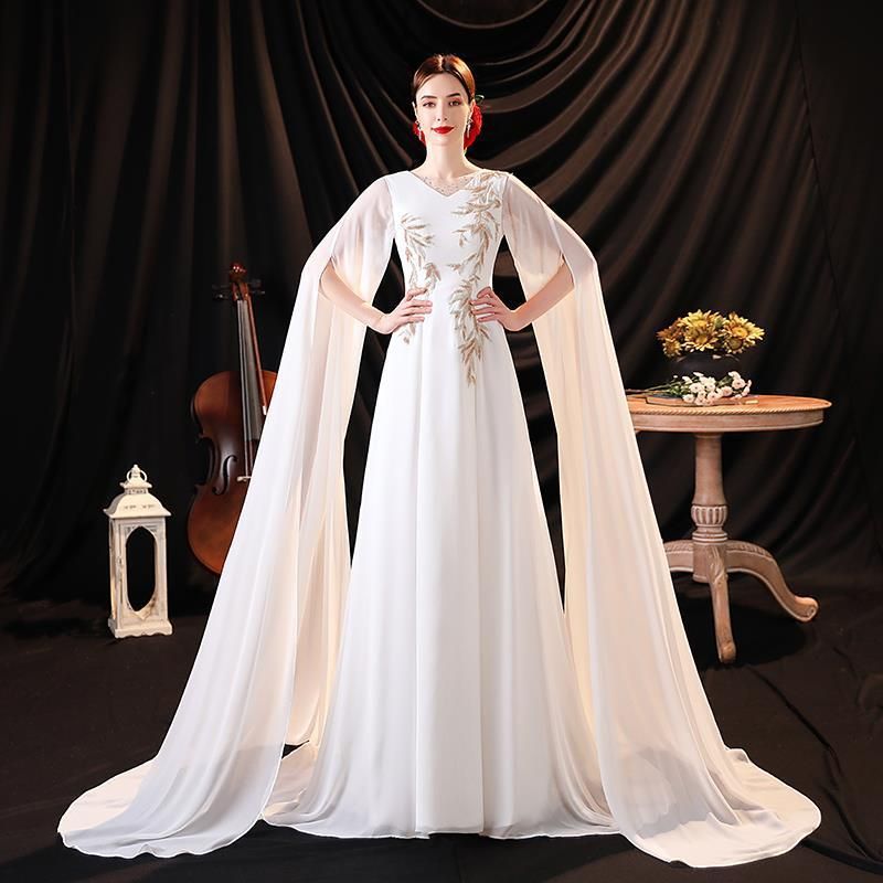 白色古筝演奏服 2025 成人舞台パフォーマンス 走行ショー アート試験 司会 結婚式 ディナーイベント用イブニングドレス
