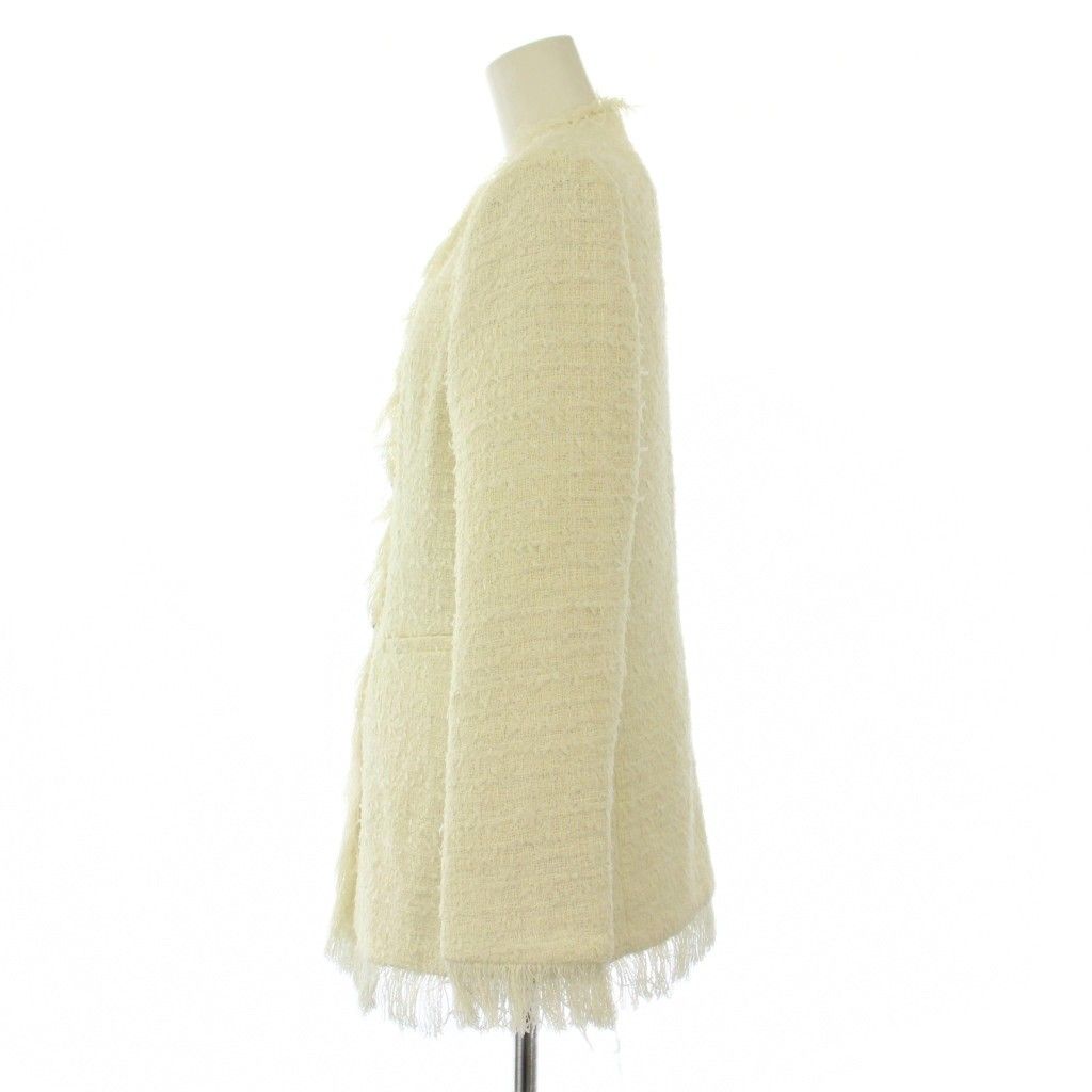 シャネル CHANEL uniform ノー ジャケット アウター ツイード フリンジ ココボタン ココマーク ロゴ ウール シルク 36 白 ホワイト BB