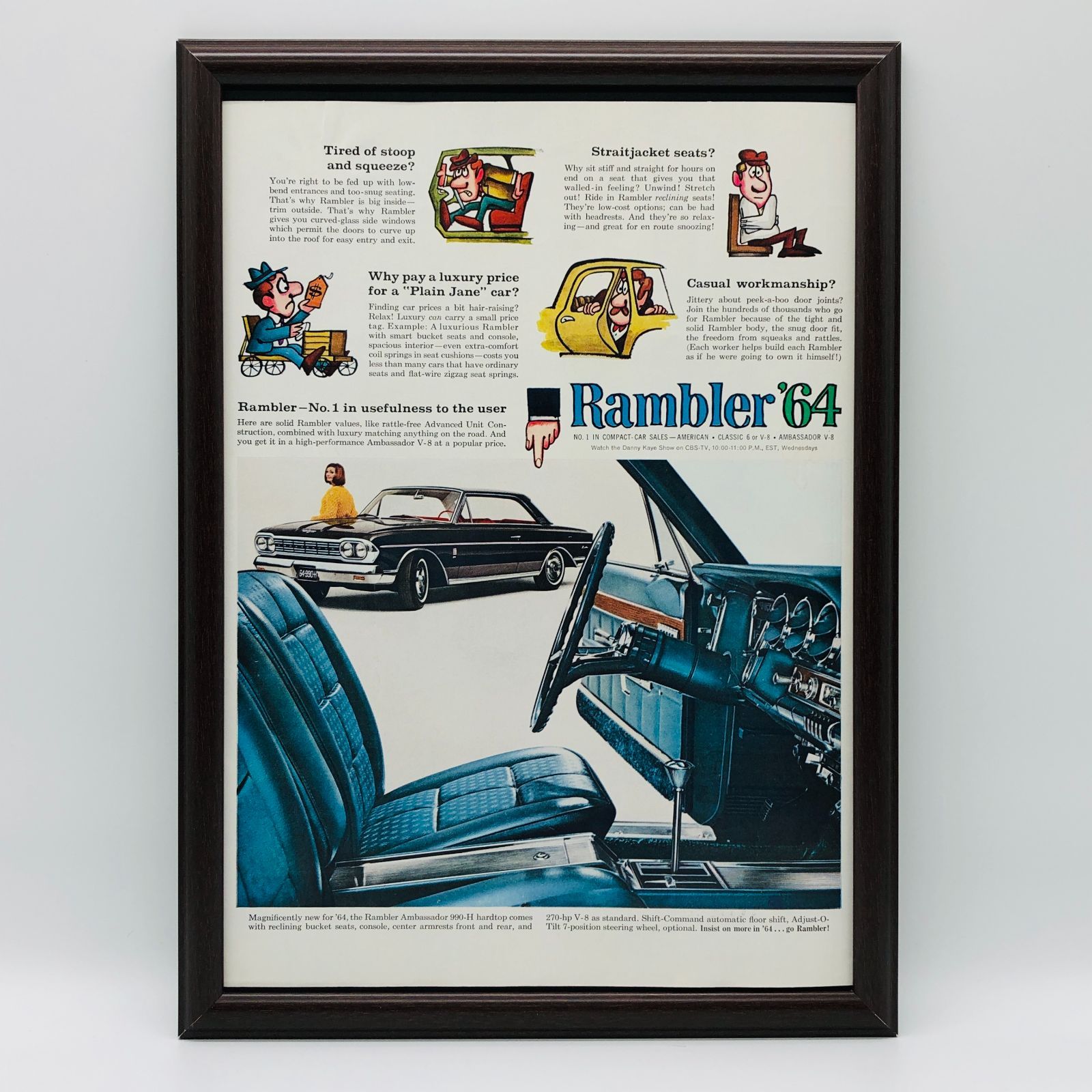 ビンテージ 広告　ポスター フレーム付　当時物　『 ランブラー64’ 』 1960's　オリジナル アメリカ　レトロ 輸入雑貨　ヴィンテージ　 アドバタイジング　390mm × 283mm ( AZ605 )