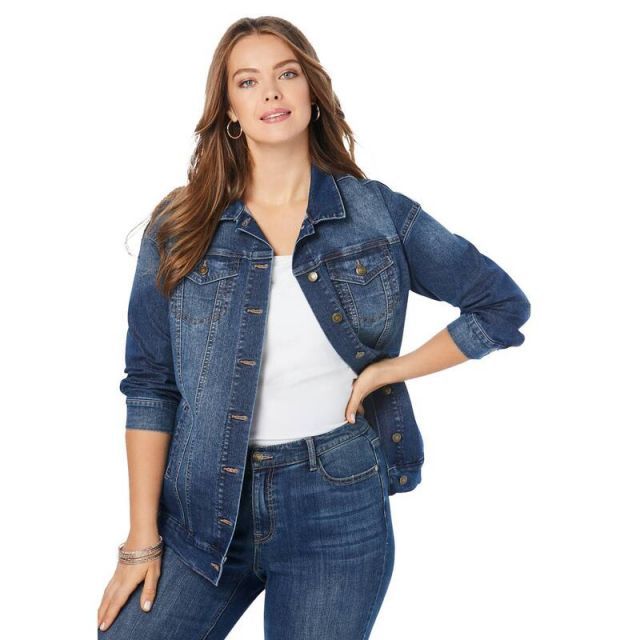 【送料無料】 ロアマンズ レディース ジャケット・ブルゾン アウター Roaman's Women's Plus Size Boyfriend Stretch Denim Jacket Medium Wash
