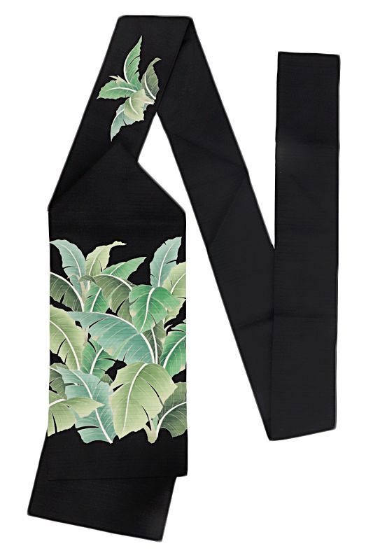 夏物 名古屋帯 秀美 十日町友禅 正絹 黒地 ブラック 塩瀬 芭蕉 葉 絽 和柄 五泉 夏帯 友禅染 最高級 上品 シンプル シック 新品 お仕立て上がり おし No.88-2569 夏物 名古屋帯 十日町友禅 塩瀬 秀美 絽 黒地 海 貝殻 九寸