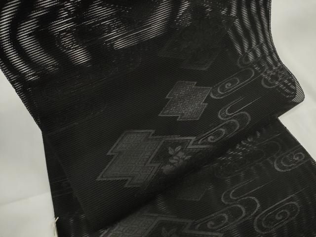 平和屋着物＊夏物 名古屋帯 帯反物 黒共帯 絽 五倍子染 松皮菱流水花文 健勝苑扱い ♥ DAAW7825zzz