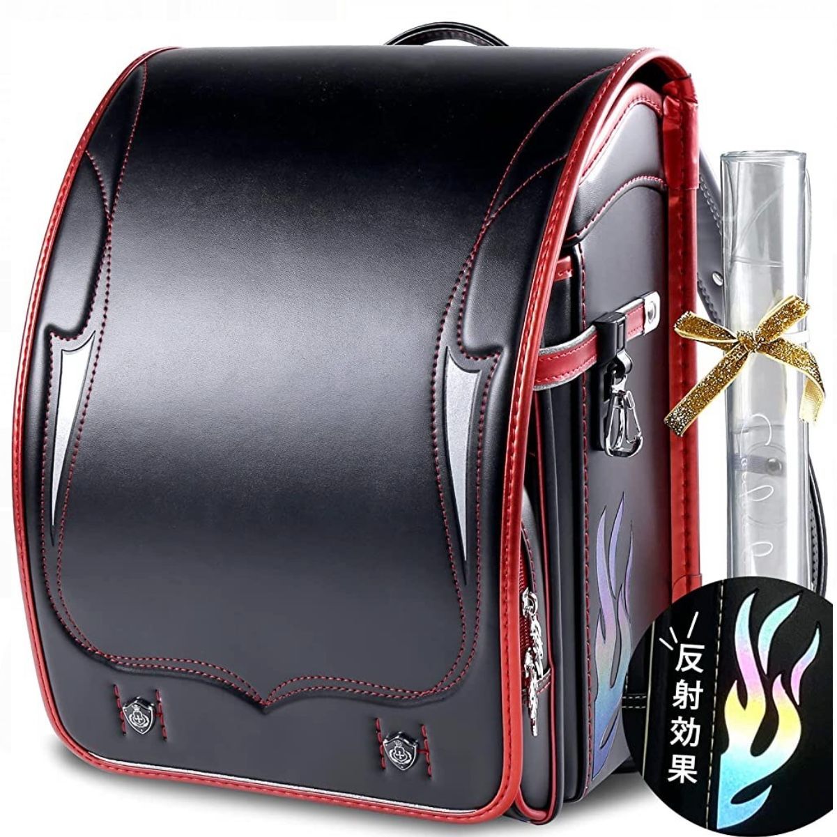 新作　ランドセル　6年保証　おまけ付き　ファイア模様　男の子　ブラック×レッド ランドセル 6年保証 おまけ付き ファイア模様 男の子 ブラック