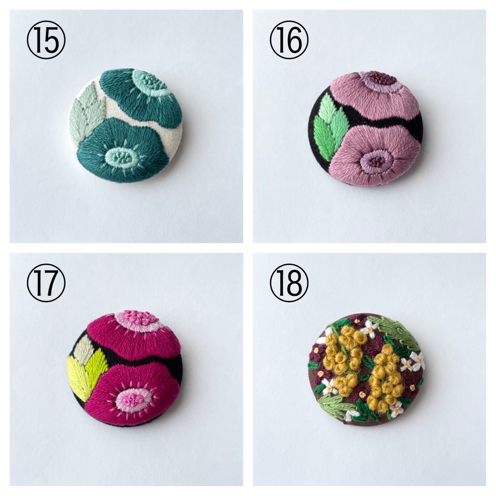 在庫処分限定価格╱花刺繍ブローチ くるみボタンブローチ ビーズ