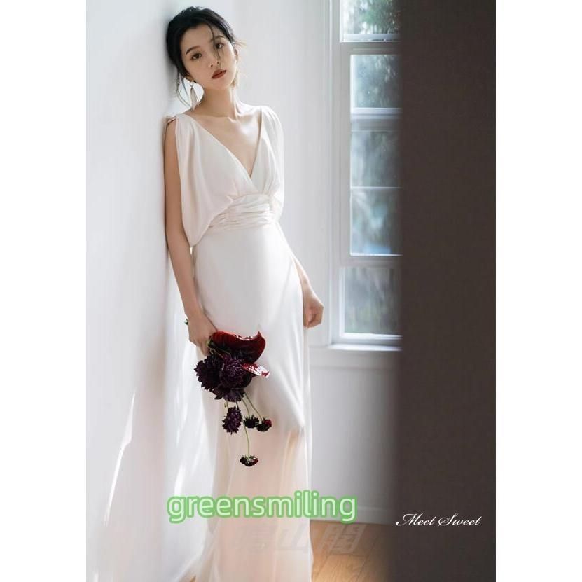 ウェディングドレス ウエディングドレス ロングドレス 二次会 結婚式 前撮り ブライダル 花嫁 スレンダードレス サテン 深Vネック バックレWP特別価格104