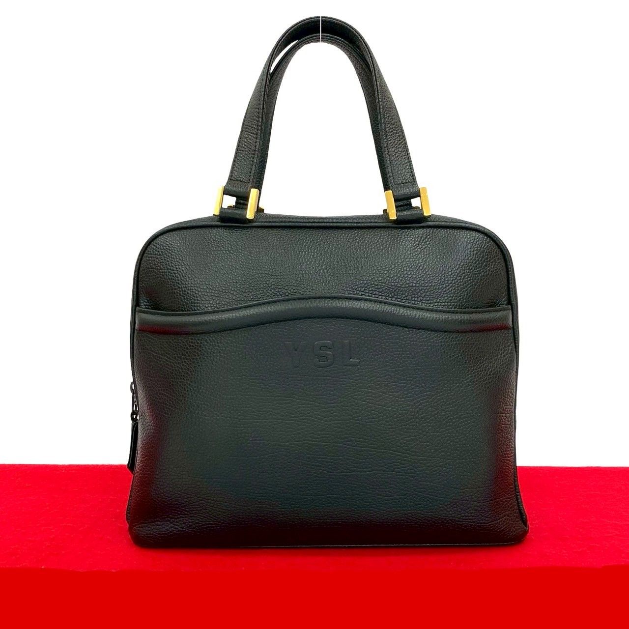 YSL イヴサンローラン ヴィンテージ ロゴレザーボストンハンドバッグ