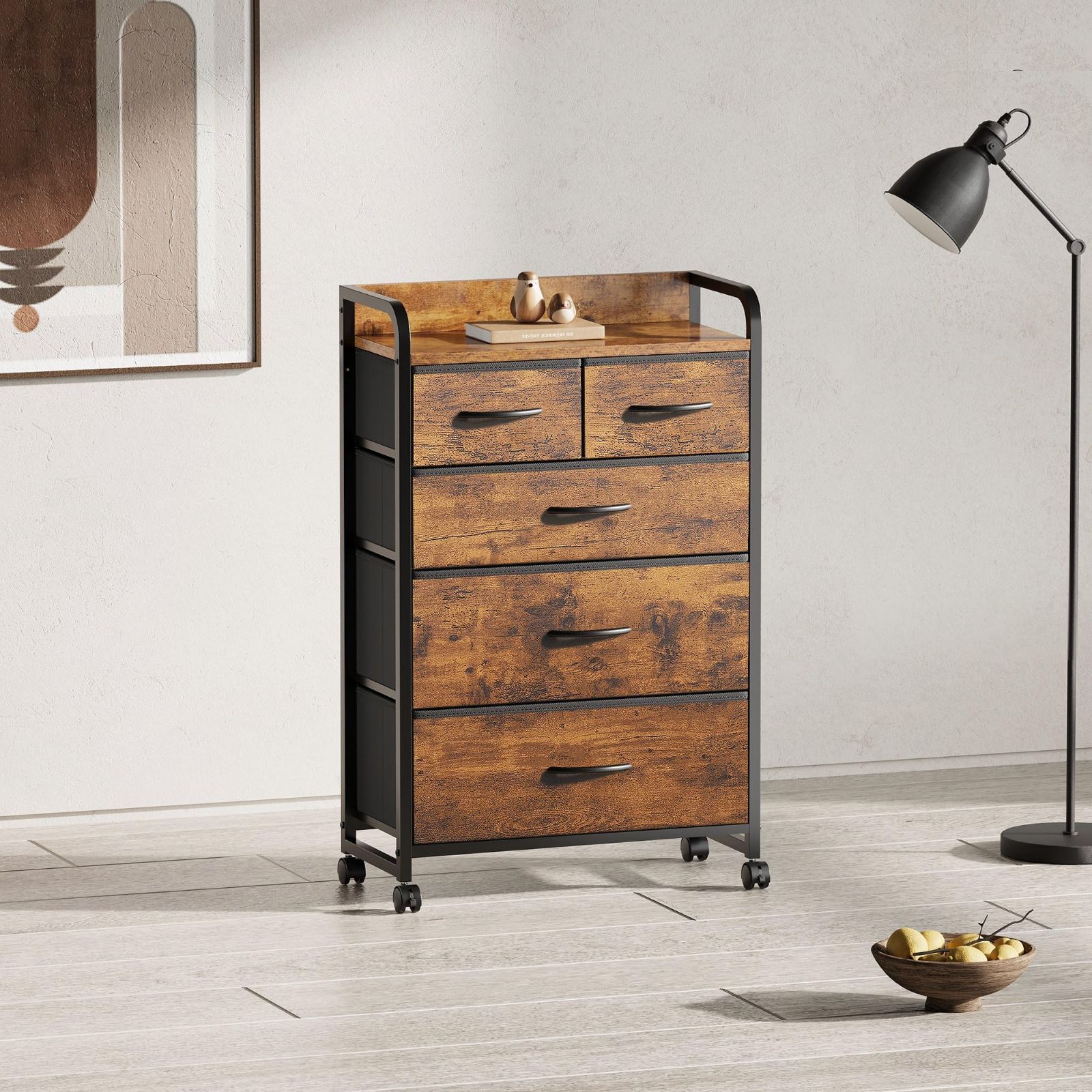 引き取り限定 ストッパー付きキャスター 転倒防止 布製 L55×W29×H96cm 和風 木製天板付き 多機能 リビング 衣類収納 4段5杯 引き出し 4段 たんす 箪笥 洋服収納 ピンテージ2 チェスト 収納 タンス YeTom
