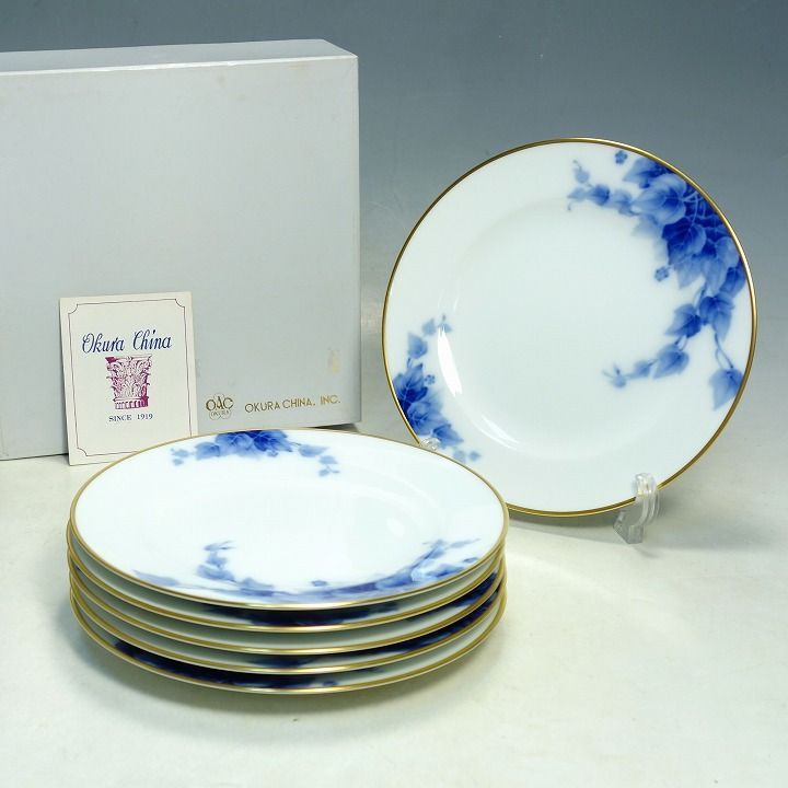 美品 大倉陶園 皿 プレート 20cm ブルー アイビー 岡染め 6枚