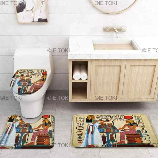 古代エジプトのパピルスシャワーカーテンセットノンスリップラトイレ蓋カバーとバスマット防水浴室のカーテン