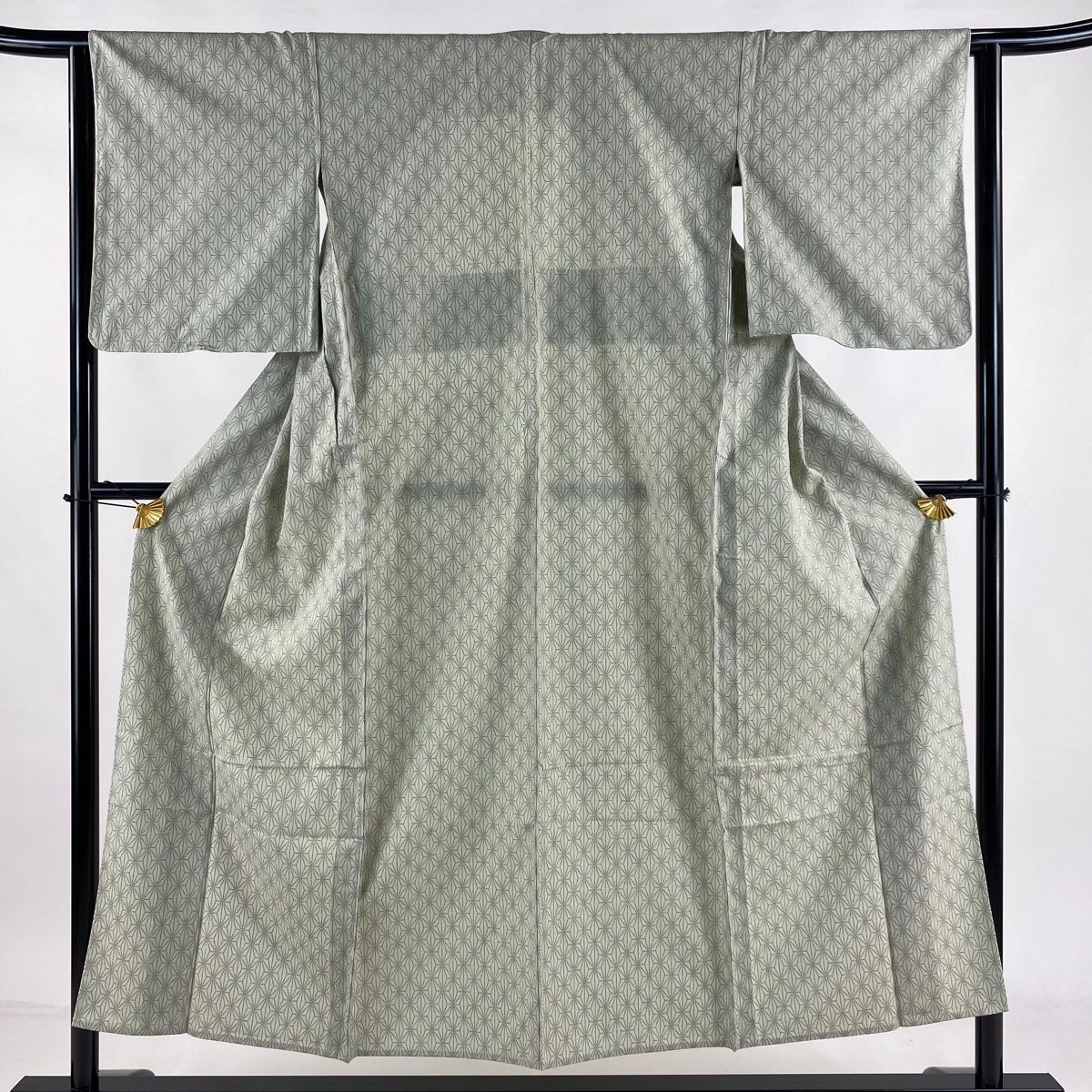 紬 身丈152.5cm 裄丈63cm S 単衣 麻の葉 灰緑 正絹 秀品
