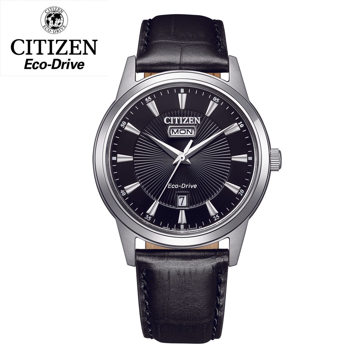 CITIZEN シチズン エコドライブ ECO-DRIVE AW0100-27E ソーラー 防水 ブラック アナログ 曜日 日付 カレンダー レザーベルト ビジネスウォッチ メンズ 男性用 腕時計 時計 JAPAN MOVEMENT 受験 中学生 高校生