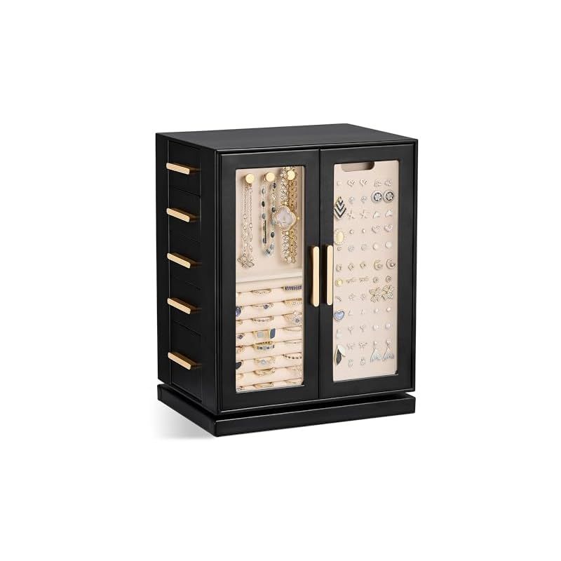 Lolalet ジュエリー整理ボックス 360°回転 オープンデザイン 5段引き出し付き縦型ジュエリー収納ケース 女性用 -ブラック 1