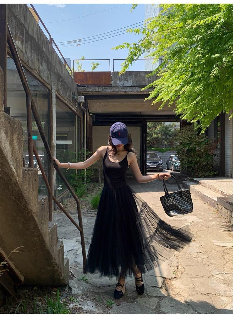 夏秋 韓国風ハイウエストロングワンピースレースキャミソールメッシュチュールドレス