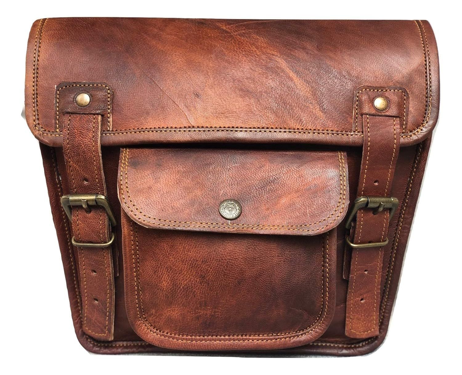 VINTAGE CRAFT SHOP レザーサイドポーチ | オートバイバッグ サドルバッグ | ハンドルバーシーシーバー | Panniers トラベルツールバッグ 自転車と自転車用 11 x 3 x 9インチ