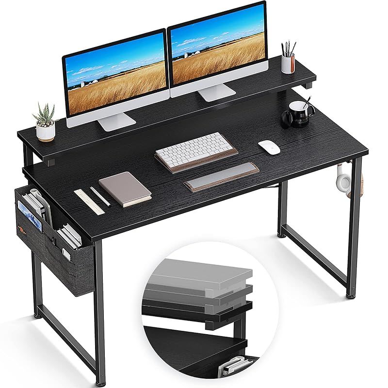 KKL パソコンデスク 幅120cm モニター台高さ3段調整対応 収納袋/収納フック付き pcデスク ゲーミングデスク 在宅勤務 ワークデスク オフィス シンプル 勉強机 学習机 組立簡単 ブラック 0