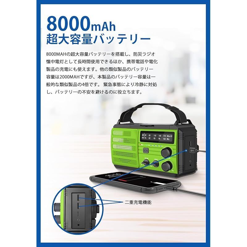 新品】 【8000mAH 防災士推薦】OLANSOR 防災ラジオ 防災懐中電灯ラジオ 多機能 手回しソーラー緊急ラジオ AM/FM対応携帯式ラジオ  SOS緊急警報 ３つモード懐中電灯＆読書灯 スマホ充電 アウトド - 激安 クリーニング