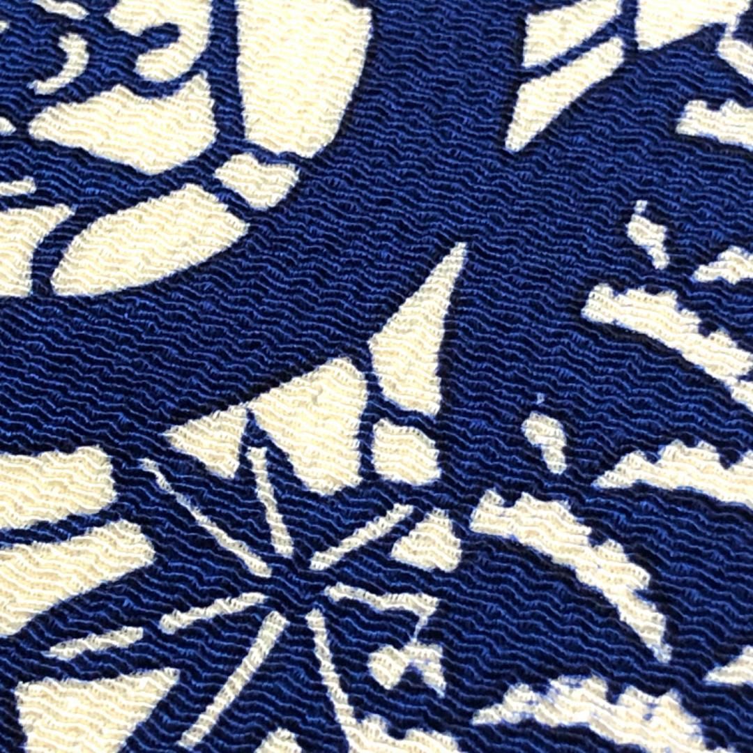 名古屋帯 型染 丸に鳥 蝶々 花草模様 雪芝 縮緬 瑠璃色 O-5133 名古屋帯 型染 丸に鳥 蝶々 花草模様 雪芝 縮緬 瑠璃色 O-5133