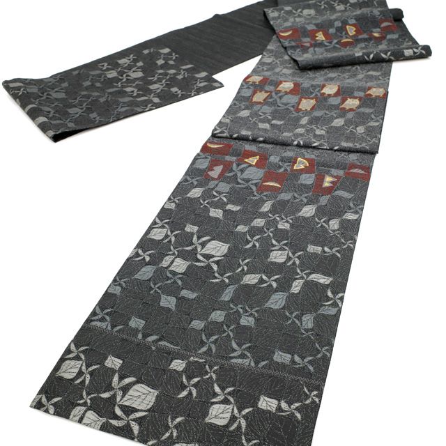 袋帯 リサイクル 誉田屋源兵衛 特選工芸 福禄樹帯 森の妖精 ふくろう 濃グレー 花 木の葉 金銀箔糸 銀糸 カジュアル 春 秋 冬 仕立て上がり みやがわ sb54562