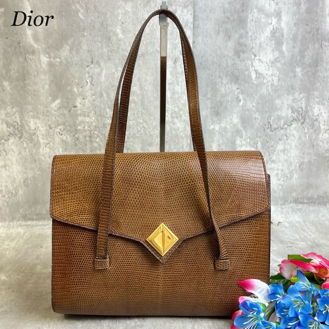 ✨良品✨ christian DIOR クリスチャンディオール トートバッグ ハンドバッグ リザード ゴールド金具 ロゴ型押し 肩掛け レザー  レディース ブラウン 茶色