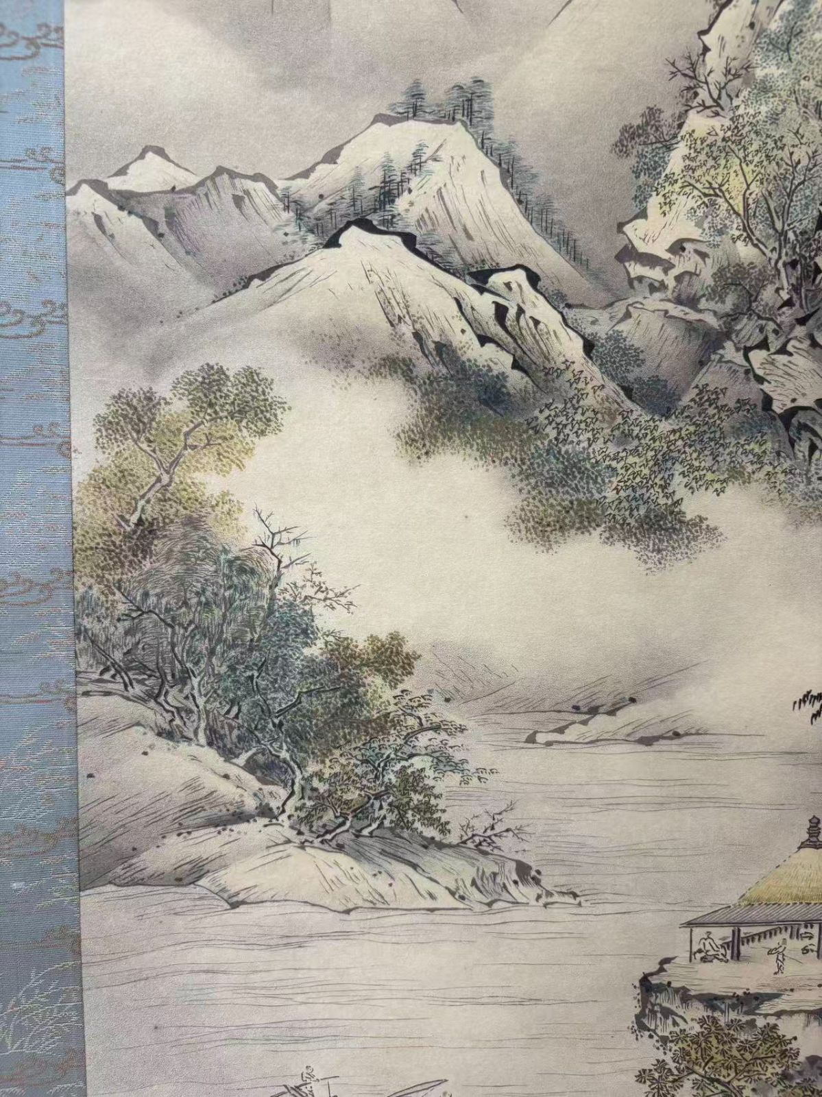 狩野 芳崖筆 月夜山水図 石版画軸装 掛軸 箱付き 落款あり 所藏
