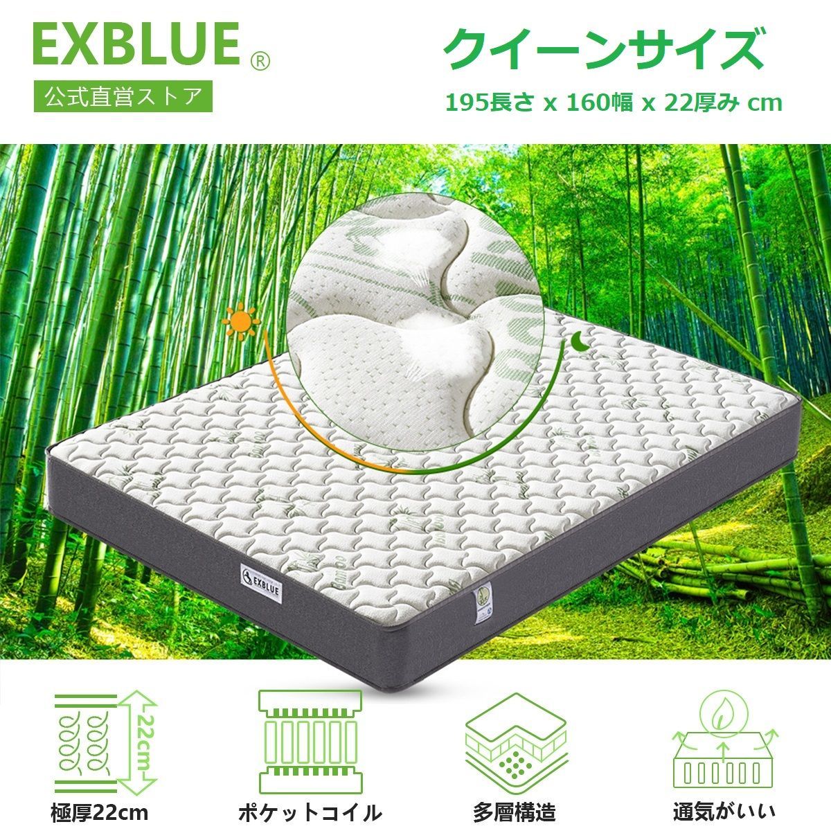 <<クイーンサイズ>> EXBLUE 竹繊維ダブルマットレス シングルポケットスプリング＆メモリーフォームマットレス 9ゾーンサポートシステム 通気性と快適な睡眠