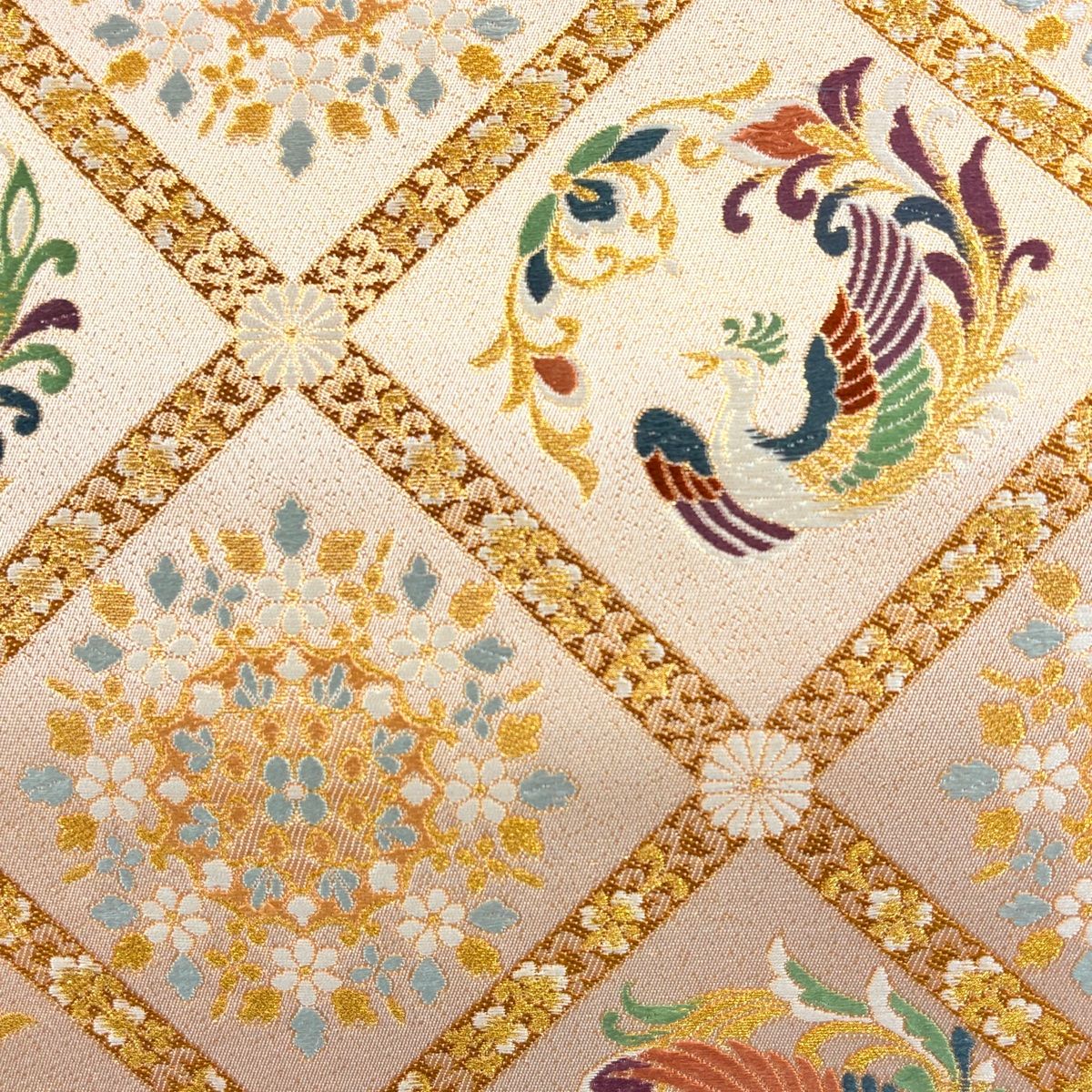 袋帯 秀品 鳳凰 草花 金糸 箔 金色 六通 正絹