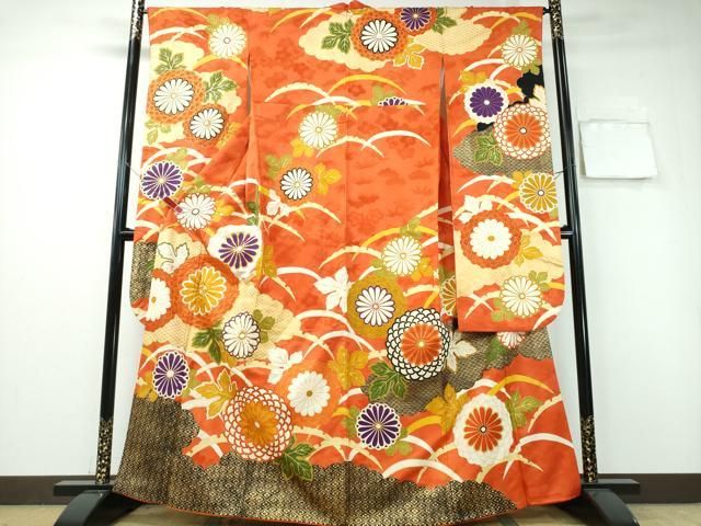 【和】15917o 振袖　金駒刺繍　やまと　雪輪に鹿子　色紙に麻の葉　着物 振袖 袷 着物 銀通し 金駒刺繍 ぼかし染 濃黒グレー 桜 梅