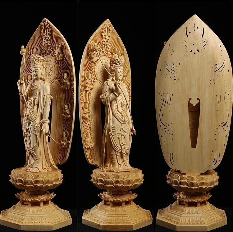 総檜材 仏教工芸品 木彫仏教 精密彫刻 上品 仏師で仕上げ品 日光観音菩薩立像 高43cm