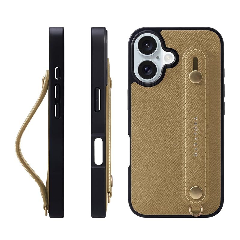 HANATORA iPhone16 ケース 本革 耐衝撃 背面ベルト スマホケース スマホ スタンド機能 ネック ストラップ 付き エンボスレザー ギフト マグネットなし グレージュ NGH-16-Grege 0