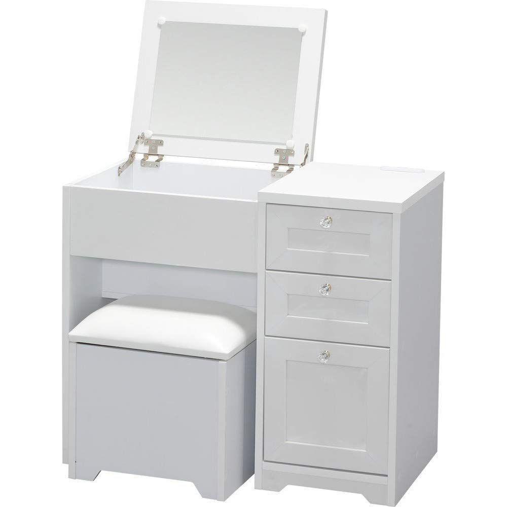 数量 アイリスプラザ 鏡 ドレッサー 白 コンパクト 椅子 化粧台 鏡台 メイク台 収納 大容量 2口コンセント付き デスク 机 椅子付き スツール収納 2way 幅80×奥行39.5×高さ70cm チェアセット ホワイト