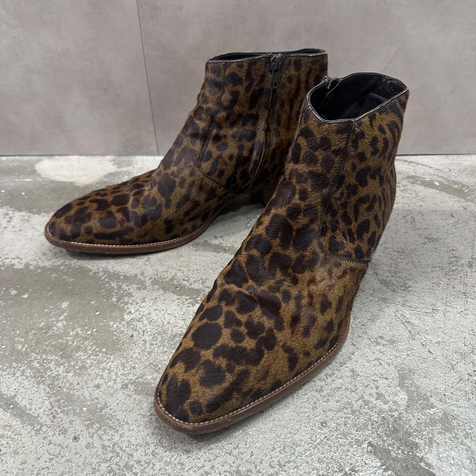 SAINT LAURENT PARIS レオパード ハラコ サイドジップ ヒール ブーツ サンローラン 43 98443A1