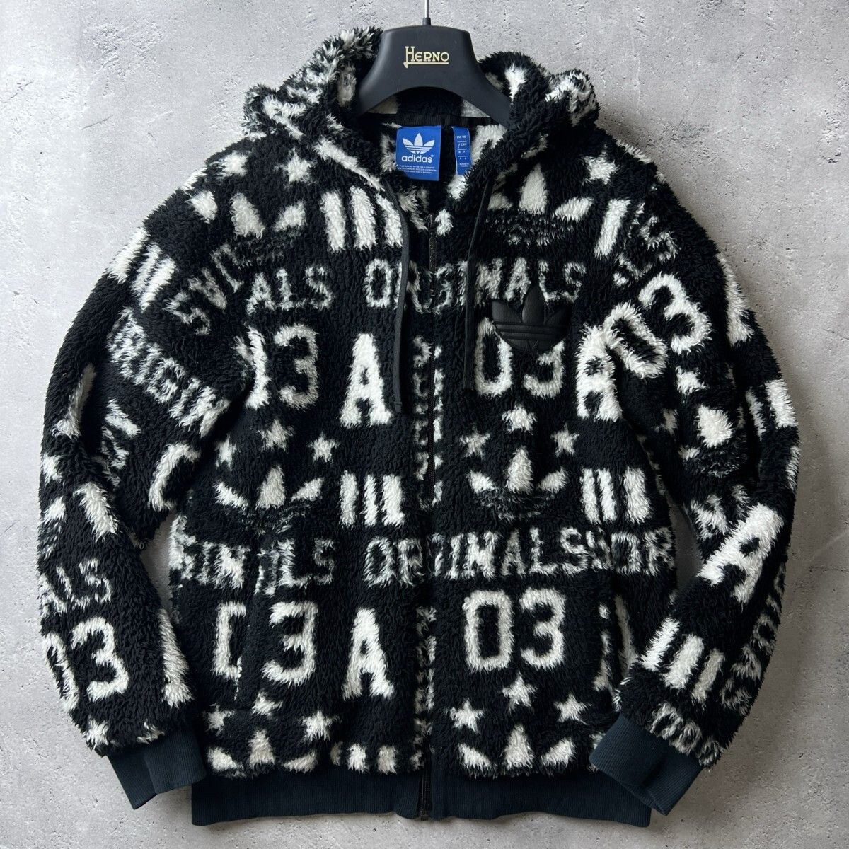 美品 adidas originals アディダス オリジナルス ジップアップ ボア ジャケット パーカー / メンズ L 黒 総柄 秋 冬 防寒 人気 アウター フリース 起毛