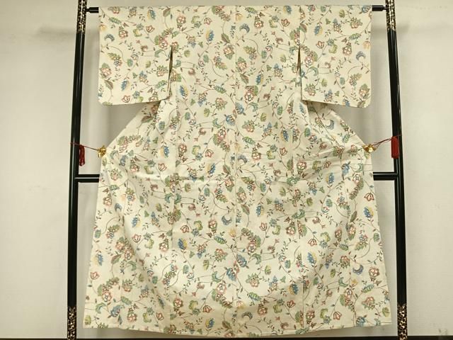 平和屋着物▽上質な紬 単衣 花唐草文 正絹 逸品 AAAW1624fy