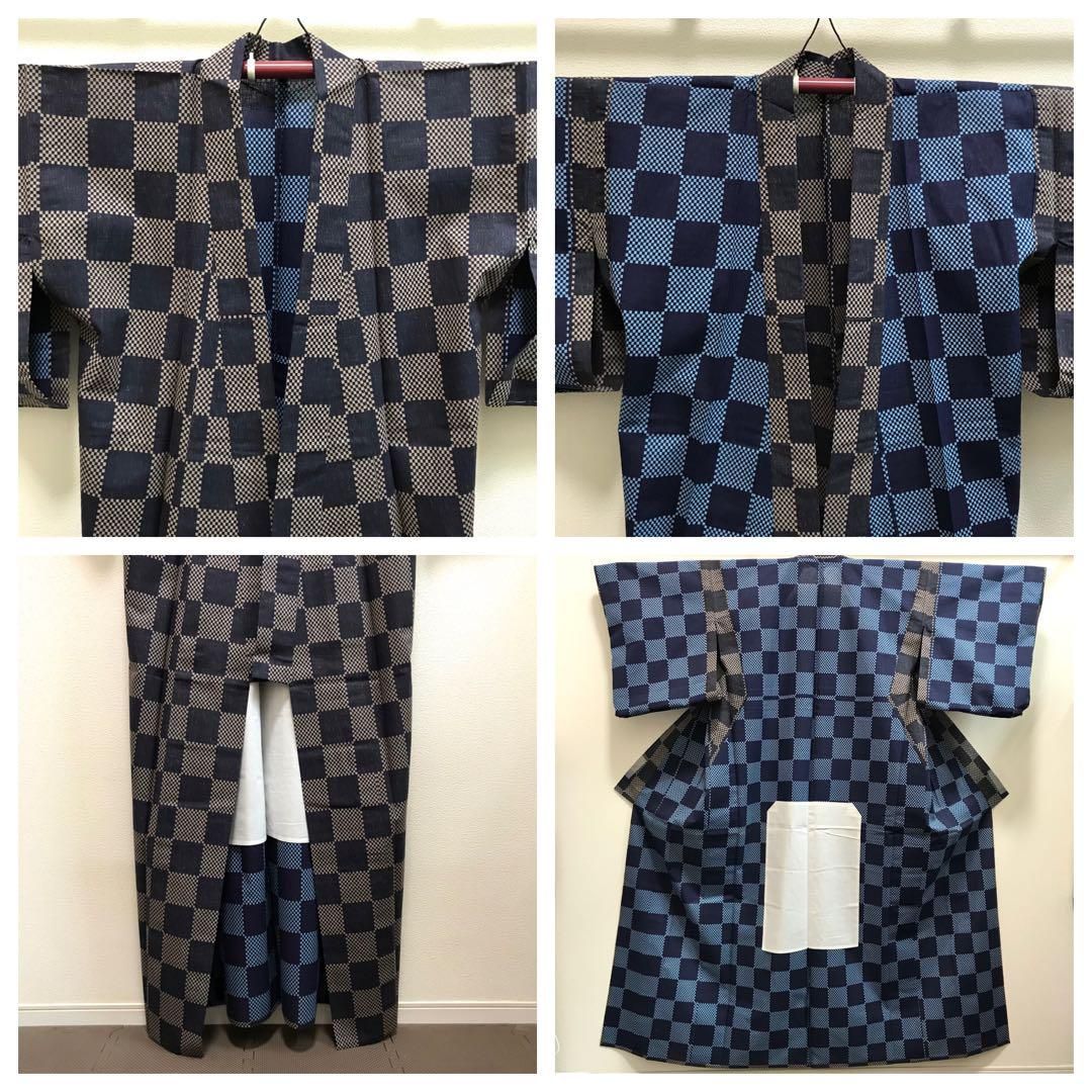 浴衣]未使用 しつけ付き 美品 綿 灰茶 紺色 市松模様 祭り 花火