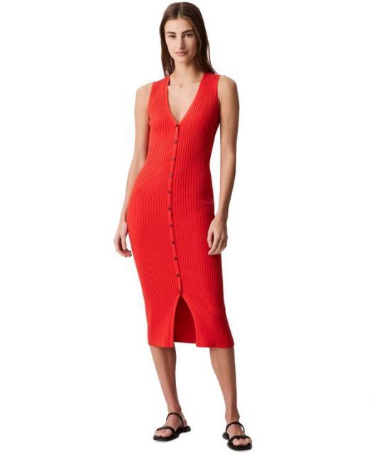 【送料無料】 カルバンクライン レディース ワンピース トップス Women's Rib-Knit Sleeveless Midi Dress Red Alert