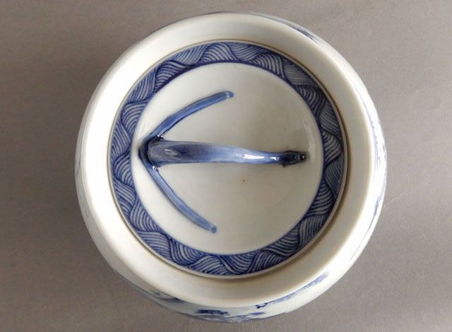 膳所陽炎園作　染付近江八景絵芋頭水指 美術品・アンティーク・コレクション 膳所 陽炎園 染付近江八景絵 芋頭