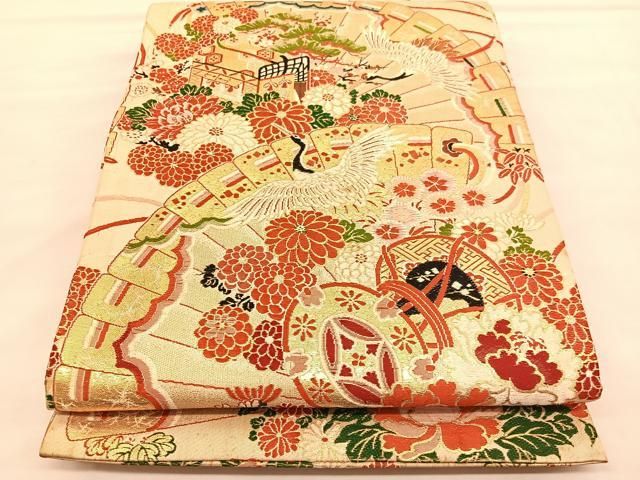 平和屋着物◎アンティーク 大正ロマン 丸帯 唐織 檜扇飛鶴松竹梅 金糸 正絹