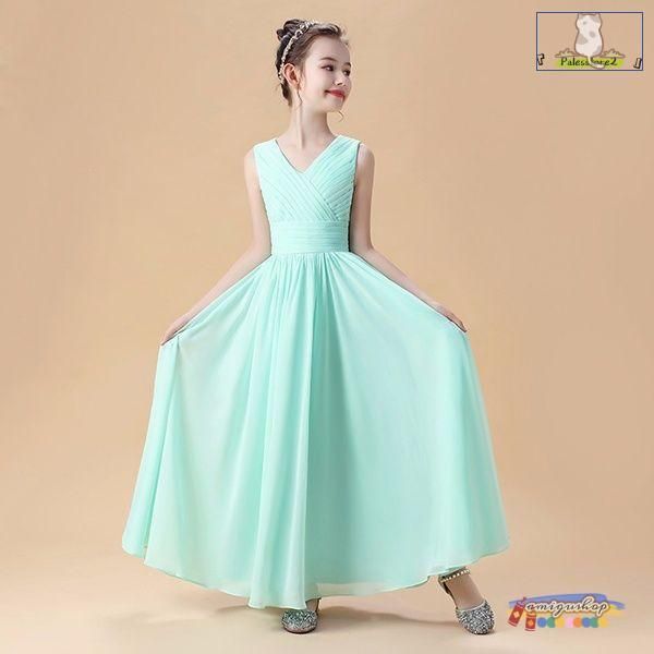 【上品で大人気♪】ピアノ発表会 ドレス 中学生 ワンピース ジュニアドレス 子供ドレス シンプル ネイビー ロング丈 グリーン シフォン お姫様 着やせ 上品 エ 毎日使い